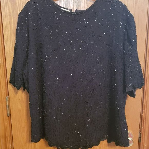Beaded Sequin Shirt Top Black Brilliante by JA Holiday New Years Eve 2X - Picture 2 of 7